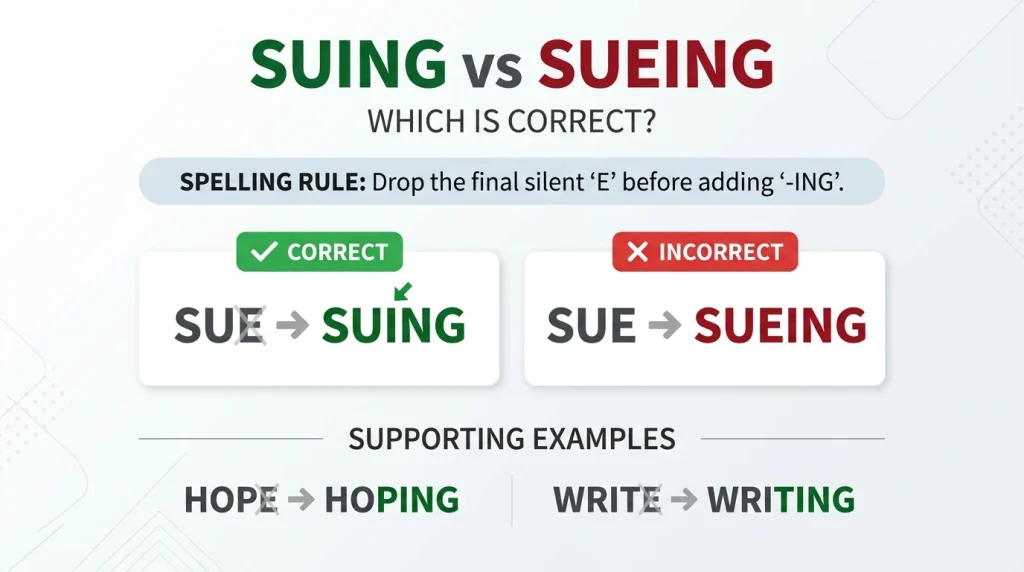 Spelling rule showing sue changes to suing by dropping the final e