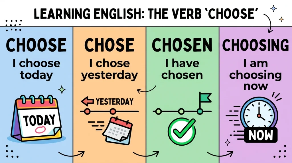  Choose chose chosen and choosing verb forms with example sentences.