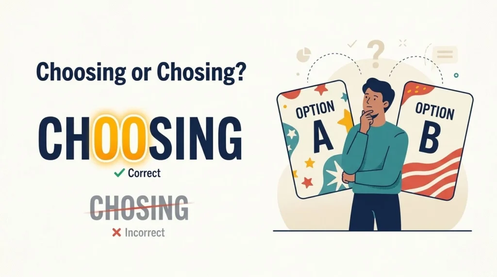 Choosing or chosing spelling comparison showing the correct spelling of choosing.
