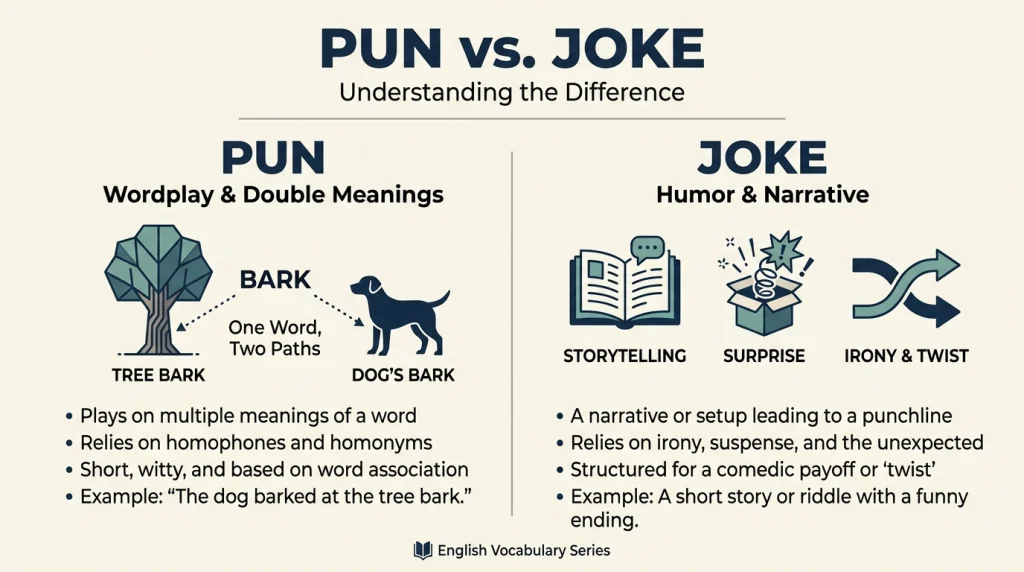 Visual comparison of wordplay in puns and different humor techniques in jokes.