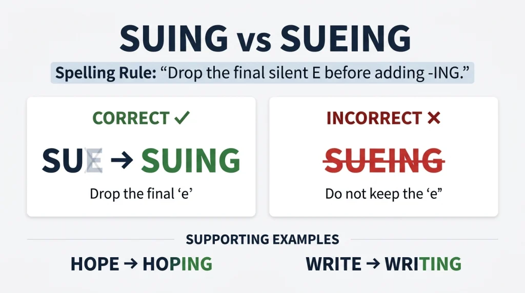 Comparison of sue, suing, and sued with example sentences.
