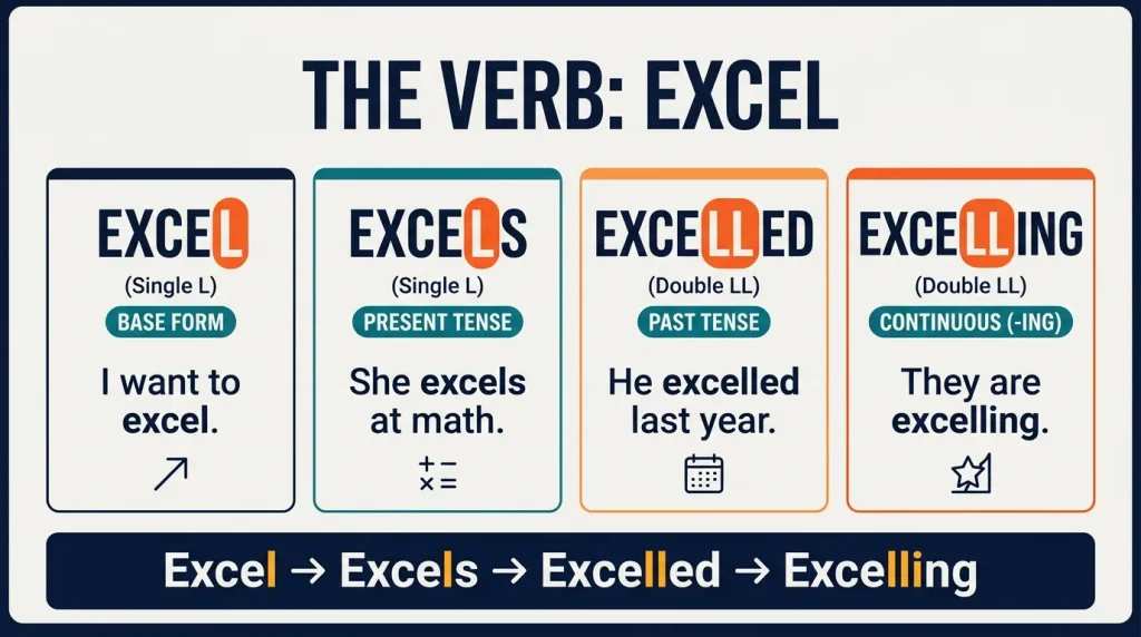 Excel verb forms chart showing the correct spelling of excel, excels, excelled, and excelling.