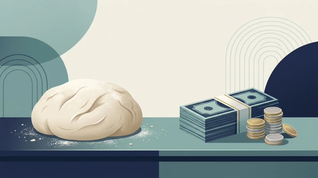 Bread dough and money illustrating the double meaning used in an English pun.