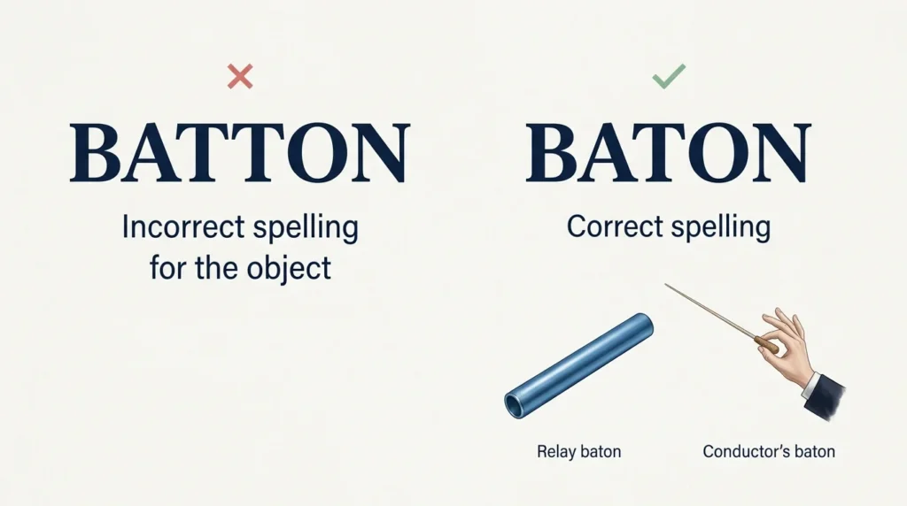 Illustration comparing the spellings batton and baton, highlighting baton as the correct standard spelling.