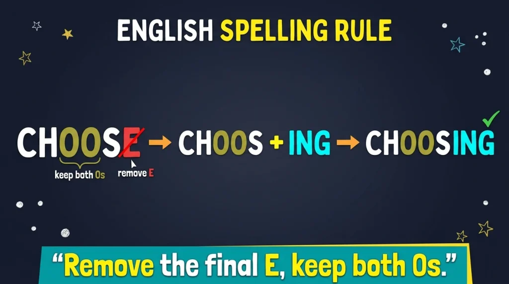 Spelling rule showing how choose becomes choosing by removing the final e.


