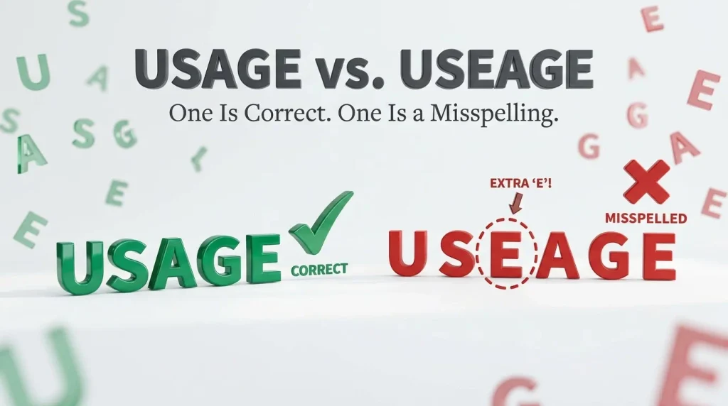 3D typography illustrating the difference between usage and useage, with a green checkmark for the correct spelling and a red cross for the misspelling.