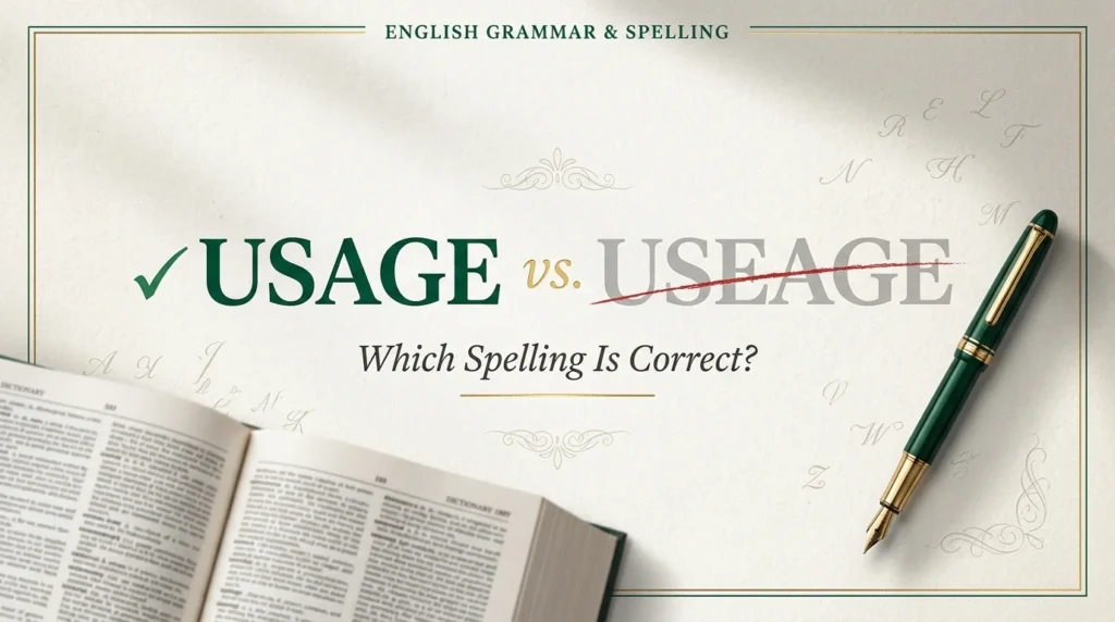 : Usage vs. useage spelling comparison showing usage as the correct English spelling and useage as incorrect.