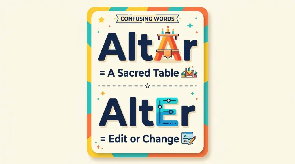 Side-by-side graphic explaining altar vs alter, showing a sacred table for the noun altar on the left and editing icons for the verb alter on the right.