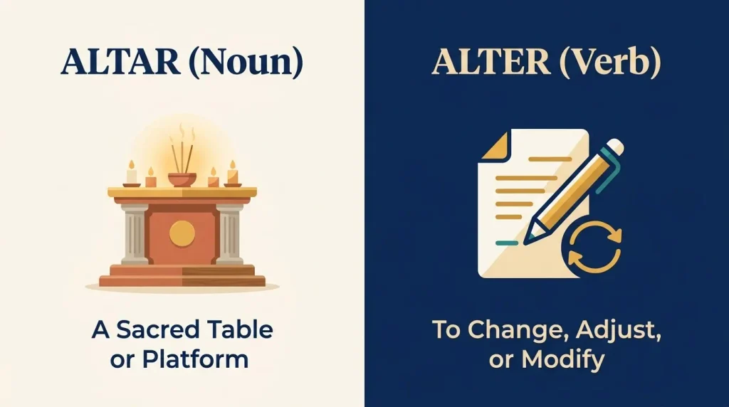 Educational memory card highlighting the spelling trick: Alt-A-r for A sacred table and Alt-E-r for Edit or change.