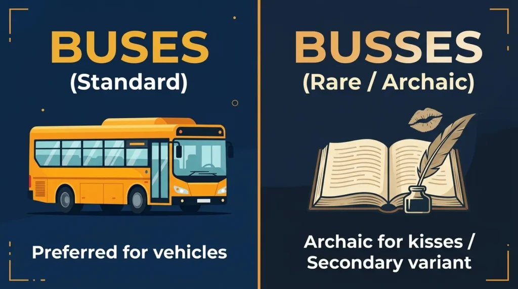 Side-by-side comparison graphic showing buses with one S as the standard plural for public transit vehicles and busses with two S's as an archaic word for kisses.