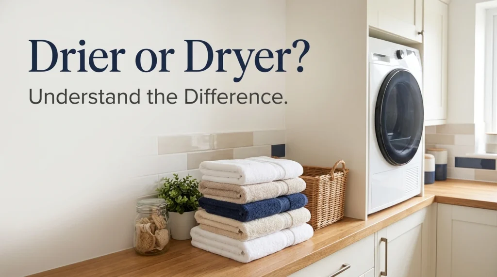 Drier vs dryer explained with folded towels and a clothes dryer.