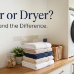 Drier vs dryer explained with folded towels and a clothes dryer.