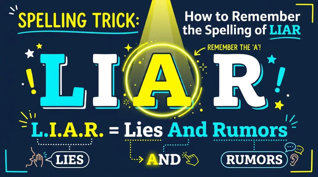 Infographic illustrating the memory trick L.I.A.R. standing for Lies And Rumors to remember the correct spelling of liar.