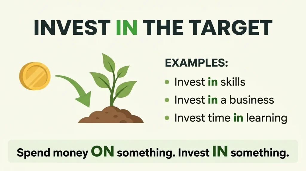 Grammar mnemonic showing invest in the target, with examples about skills, business, and learning.