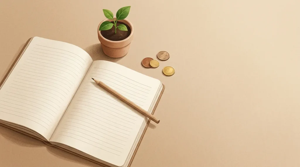 Notebook, pencil, growing plant, and coins representing the English phrase invest in.