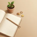 Notebook, pencil, growing plant, and coins representing the English phrase invest in.