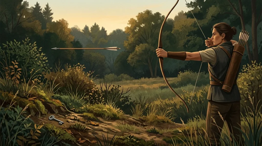 An archer releases an arrow while a misplaced key lies on the ground.