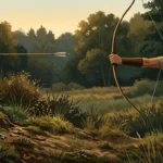 An archer releases an arrow while a misplaced key lies on the ground.