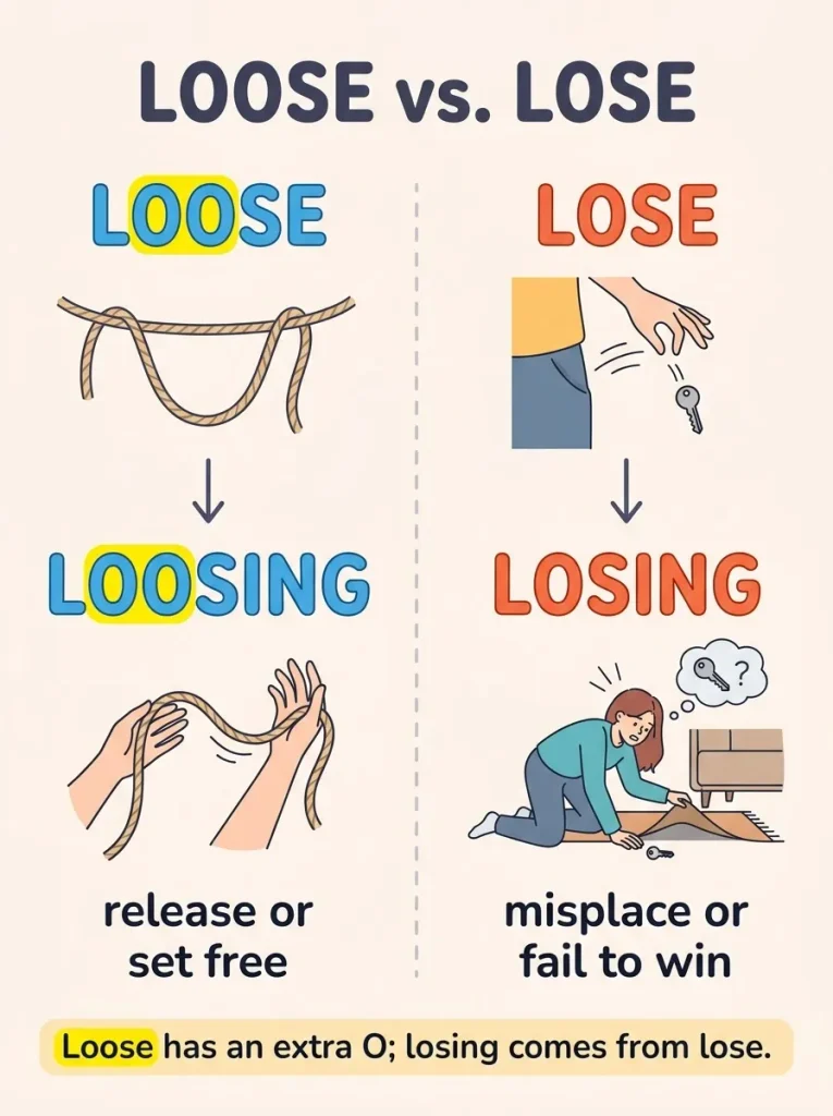 Memory trick showing that loosing comes from loose while losing comes from lose.
