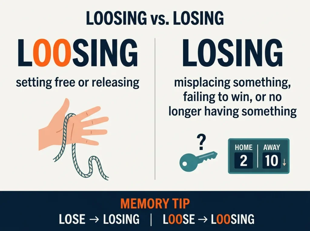 Comparison of loosing and losing with definitions, examples, and a spelling memory tip.
