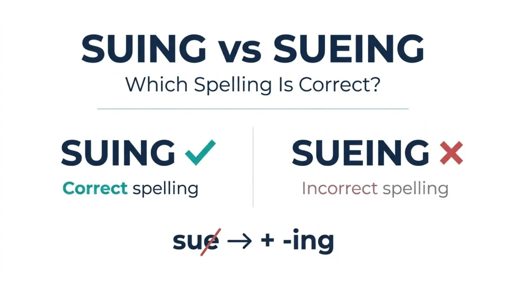 Suing vs sueing showing the correct spelling of the verb sue