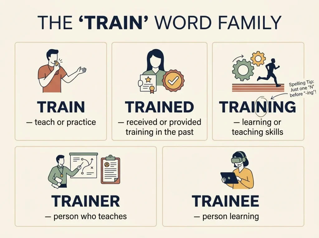 Train word family infographic showing training, trained, trainer, and trainee.