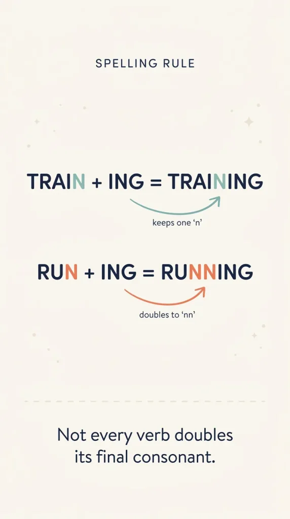 Training spelling memory aid comparing train plus ing with run plus ing.